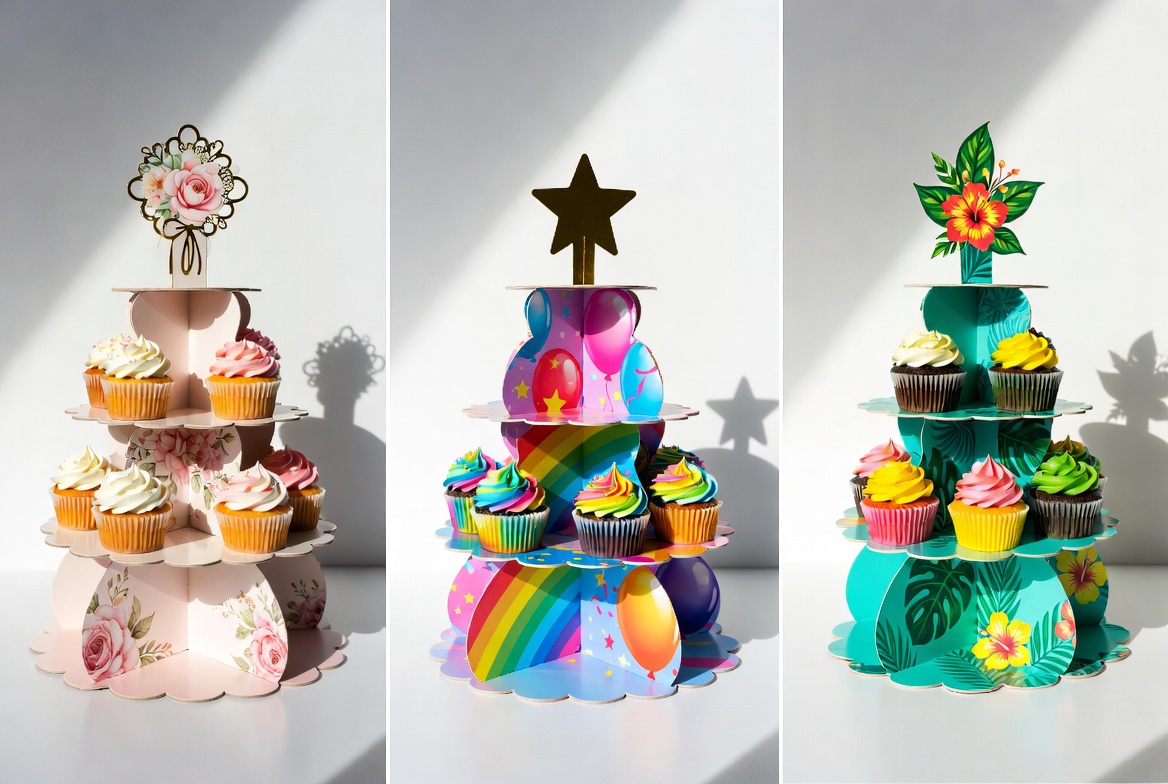 Three colorful 3-tier printed cardboard cupcake stands in elegant floral wedding, cheerful birthday rainbow, and vibrant tropical luau themes, fully assembled with cupcakes for parties and events.