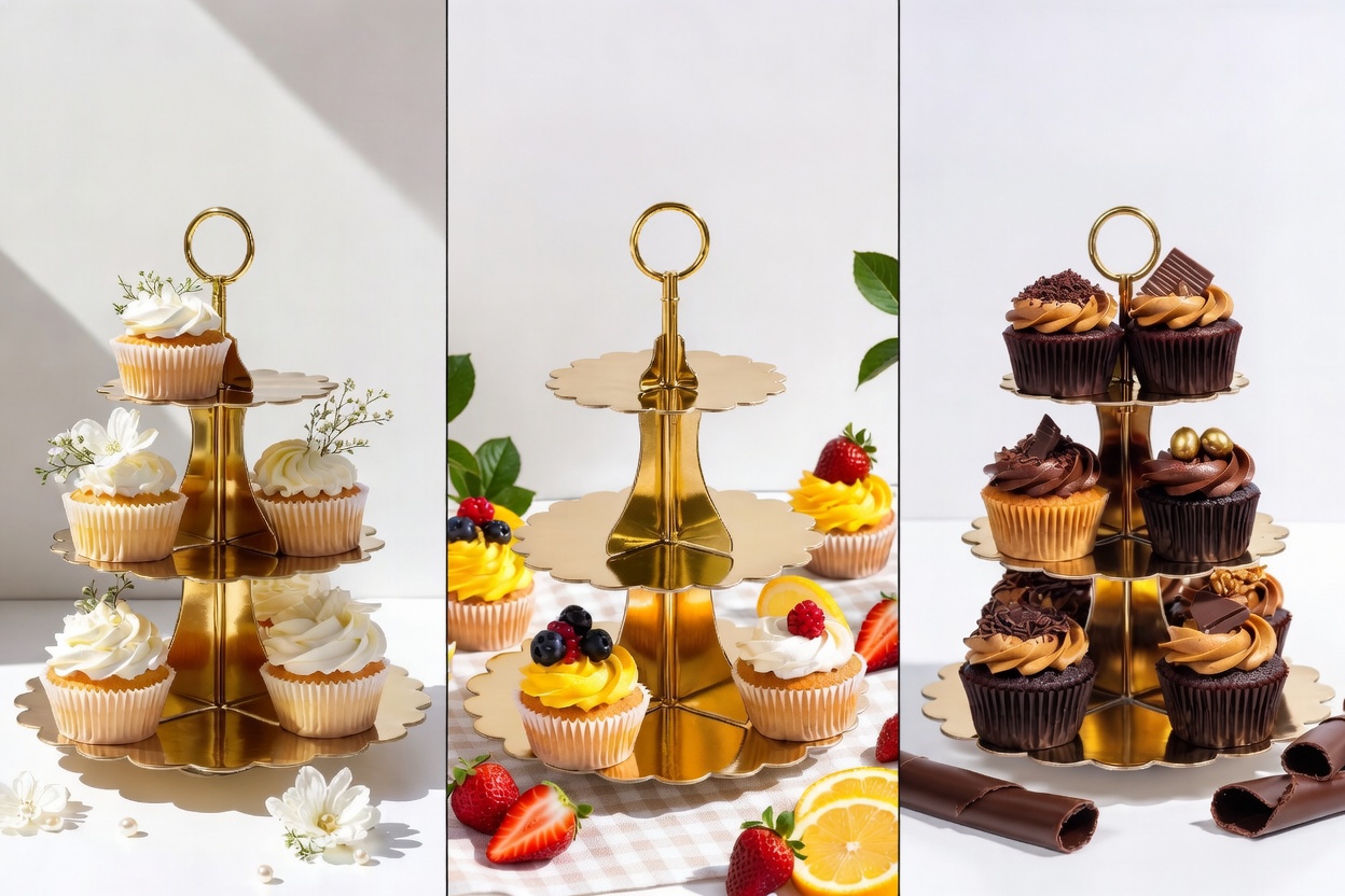 Elegant 3-tier foldable gold cupcake holder dessert stand with cupcakes for wedding party and events