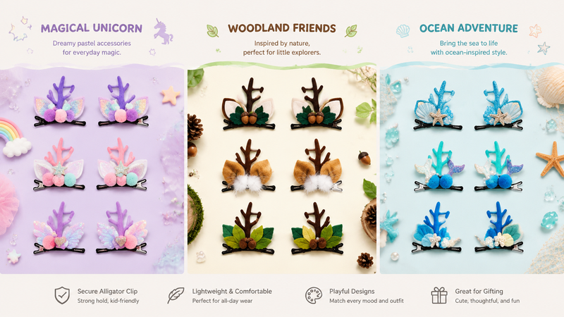 Custom themed hair clips for children in holiday, nature, and ocean designs, safe and lightweight