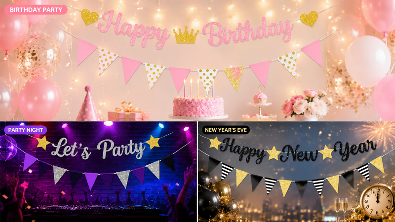 Birthday and party festive banner collage with lively decorations and vibrant atmosphere