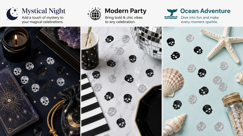 Black and silver glitter skull confetti displayed in three themed settings including mystical night, modern party, and ocean adventure for custom party decoration inspiration