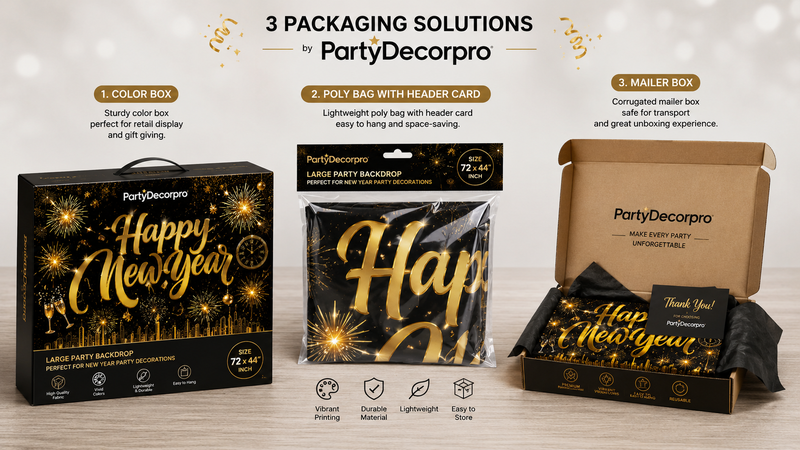 Black and gold New Year party banner with glitter effects and festive details, ideal for wholesale and custom branding.