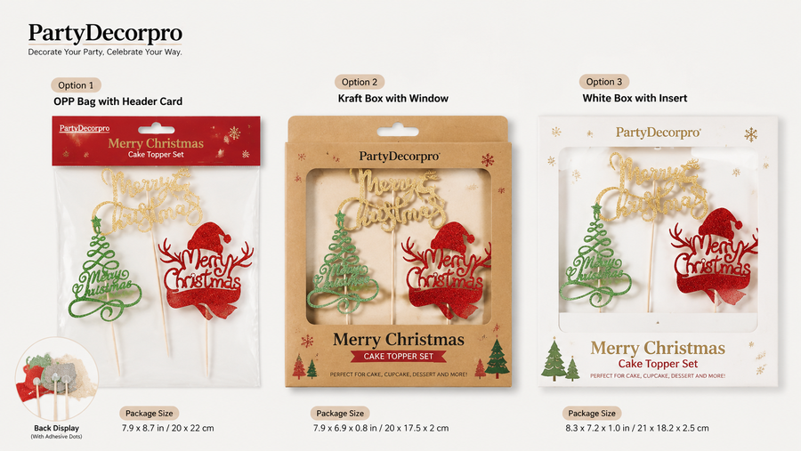Christmas cake topper set with glittery festive designs and three customizable packaging options.