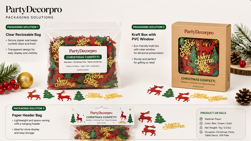 Christmas confetti packaging mockup featuring resealable bags, kraft window boxes and header bags with festive red, green and gold holiday confetti packaging solutions