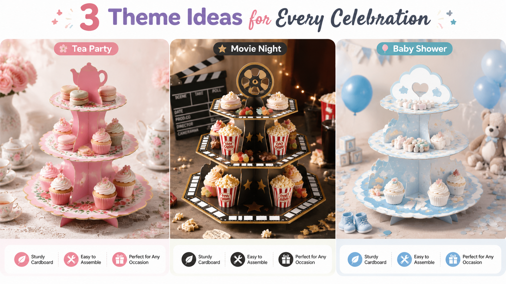 Multi-tier cupcake stands for birthday, party, and themed events, customizable, sturdy, and reusable.