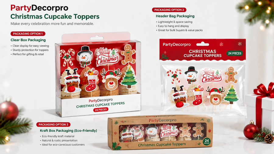 Christmas cupcake toppers in clear box, header bag, and eco-friendly kraft box packaging, customizable for brand display.