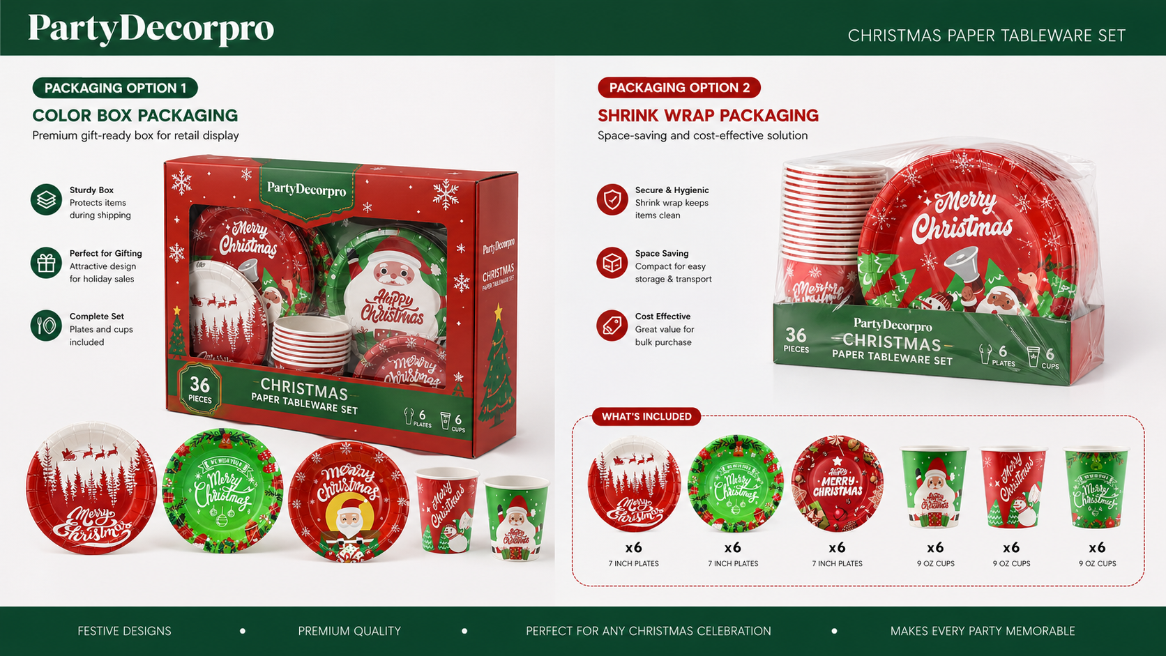 Christmas disposable tableware set packaging options with color box packaging and shrink wrap bundle retail display solution