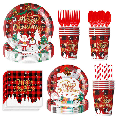 This is our Merry Christmas dinner plates. They feature a vibrant red buffalo plaid background with Santa, a snowman, Christmas trees, and golden "Merry Christmas" lettering. We can fully customize these designs, including colors, patterns, and text.