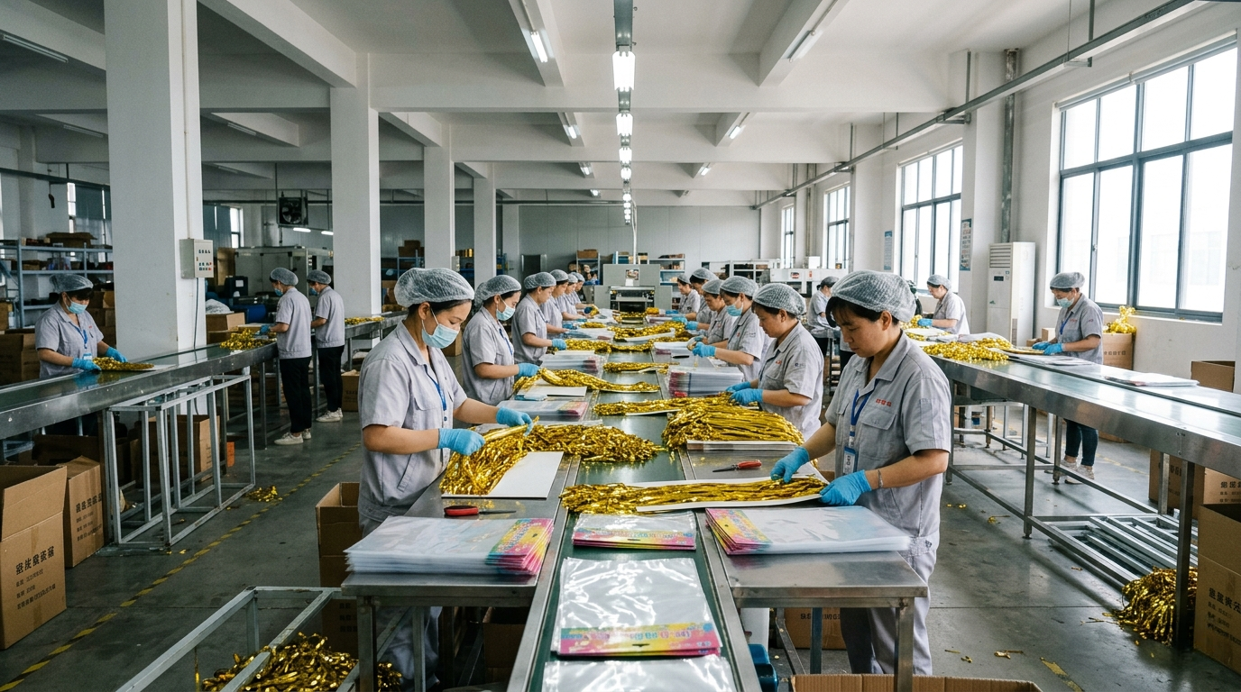 Our workers are carefully arranging and assembling the metallic tinsel curtains on the production line. Wearing protective caps and gloves, they focus on evenly laying out the cut fringe strips onto the backing and performing detailed inspection and sorting to ensure each piece is neat, beautiful, and of consistent high quality.