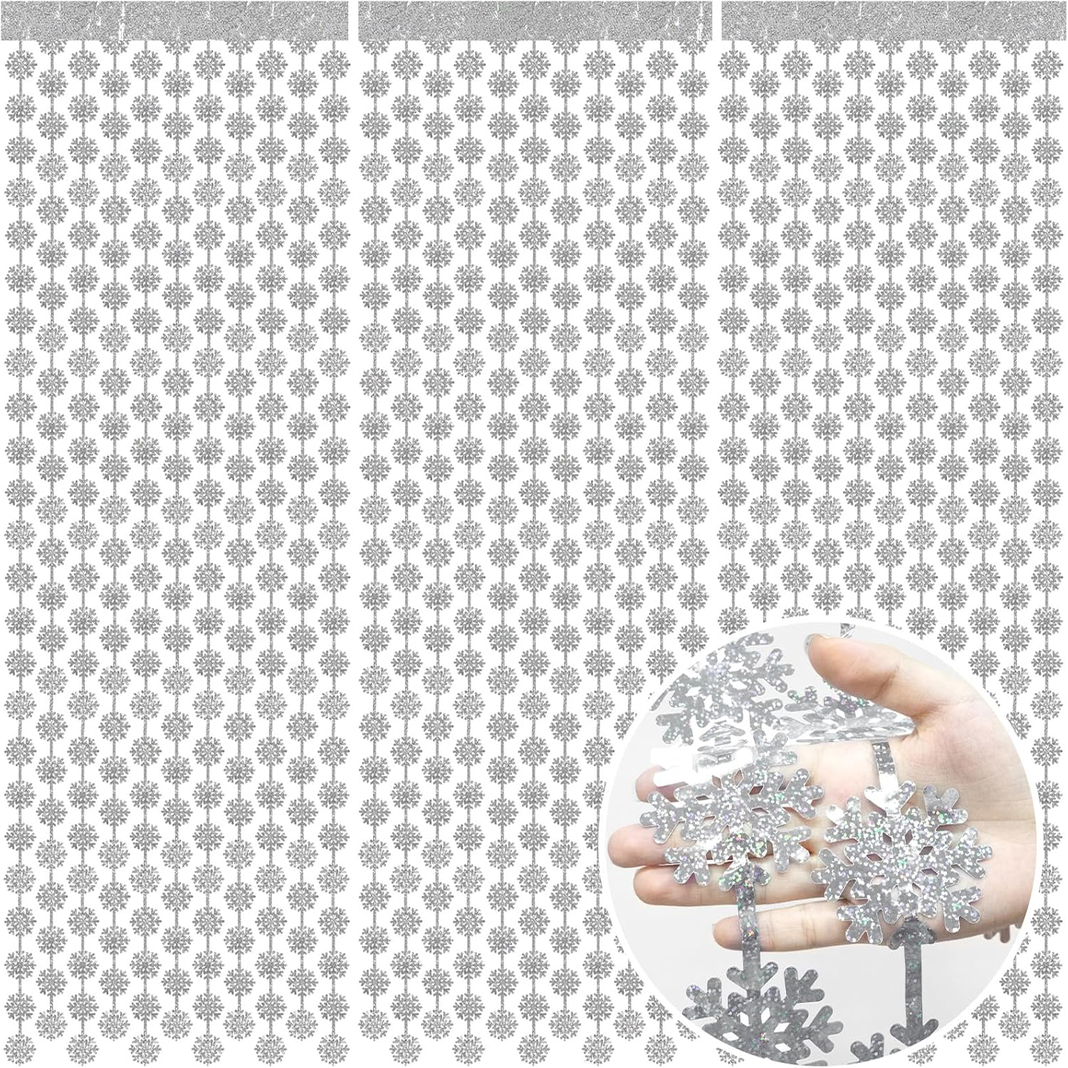 Explore real-world examples of our customization expertise. These silver snowflake tinsel curtains demonstrate flexible variations in colors, patterns, sizes, and themed designs, inspiring ideas for your next party or festive project.