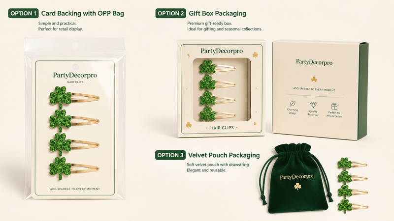 Shamrock hair clip packaging options including card bag, gift box, and velvet pouch, customizable for brand presentation