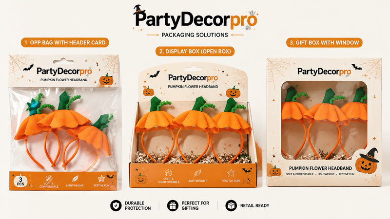 Halloween pumpkin headbands in creative packaging, suitable for bulk orders and festive customization