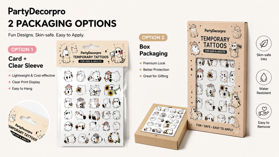 Temporary tattoo packaging options with clear sleeve and eco-friendly box for custom designs and brand display.