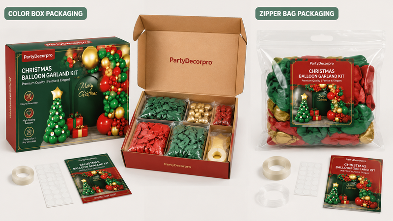 Custom Christmas balloon garland kit packaging with color box and zipper bag solutions for wholesale party supplies