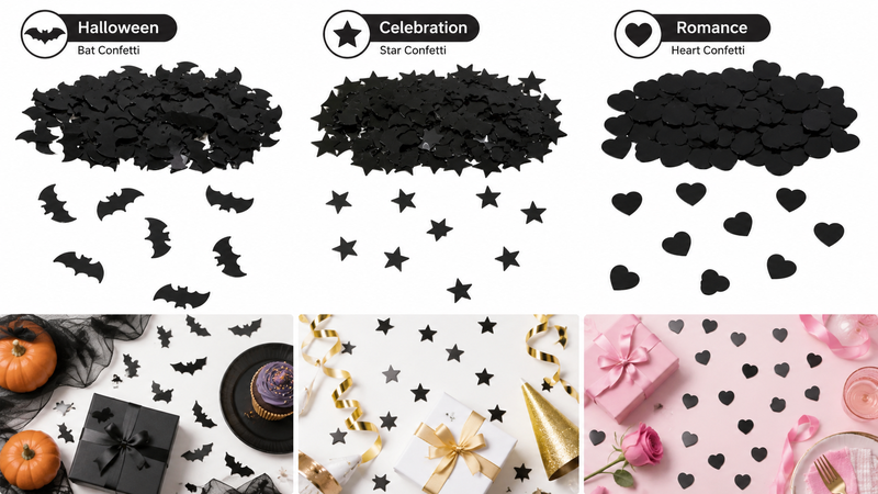 16:9 themed black confetti collection featuring bat, star and heart shapes for party decoration and seasonal event customization