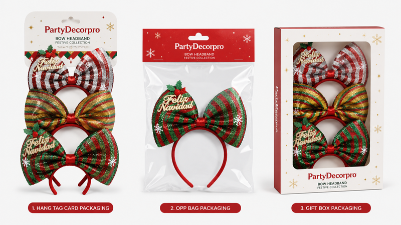 Custom Christmas bow headband packaging concepts featuring hang tag card packaging, OPP bag packaging, and window gift