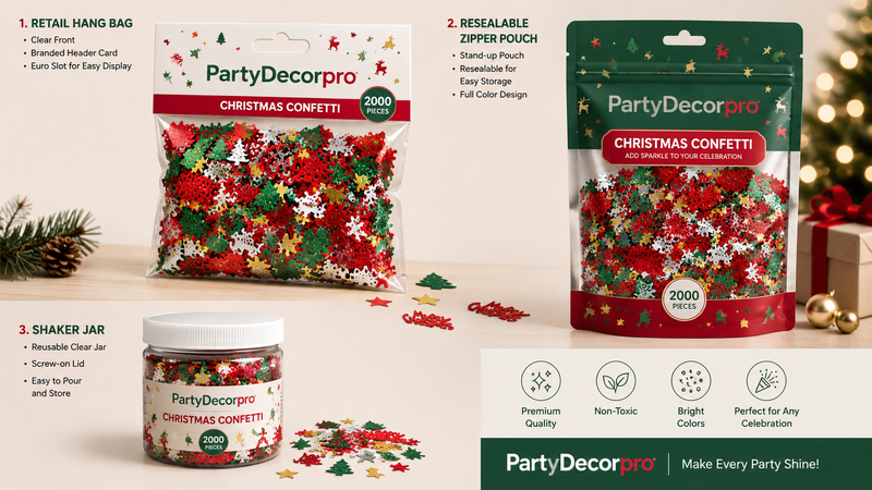 Christmas confetti packaging mockup featuring retail hang bag, resealable zipper pouch, and clear shaker jar packaging options with festive holiday-themed presentation and customizable branding solutions.