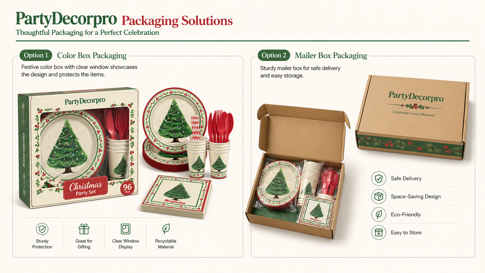 Christmas disposable tableware packaging solutions with window color box and mailer box custom branding packaging options