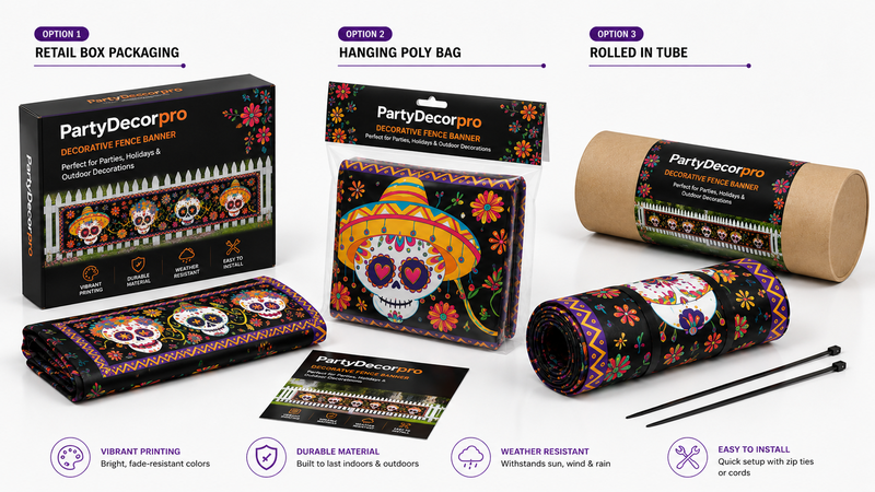 Custom packaging solutions for decorative fence banners featuring retail box packaging, hanging poly bag packaging, and rolled tube packaging with branded artwork and professional product presentation.