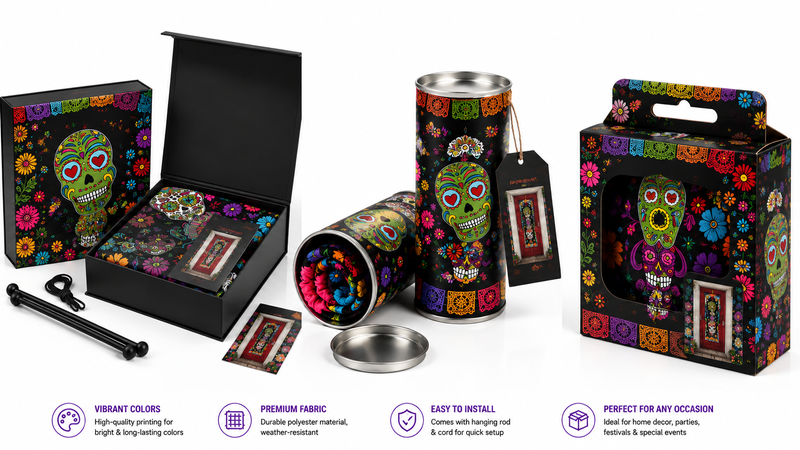 Custom packaging solutions for decorative door banners featuring premium gift box, cylindrical tube, and carry-handle retail packaging with branded printing options