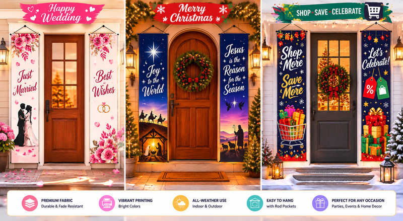Custom fabric door banners featuring Wedding Celebration, Jesus' Birthday, and Shopping Carnival themes with vibrant printing for seasonal and promotional decorations.