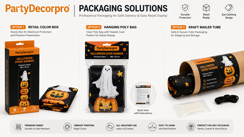 Custom packaging solutions for fabric door banners featuring retail color box, hanging poly bag, and kraft mailer tube packaging options for wholesale and private label branding