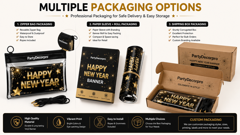 Multiple packaging solutions for festive banners featuring zipper bags, rolled sleeve packaging and shipping boxes with premium presentation and custom branding options
