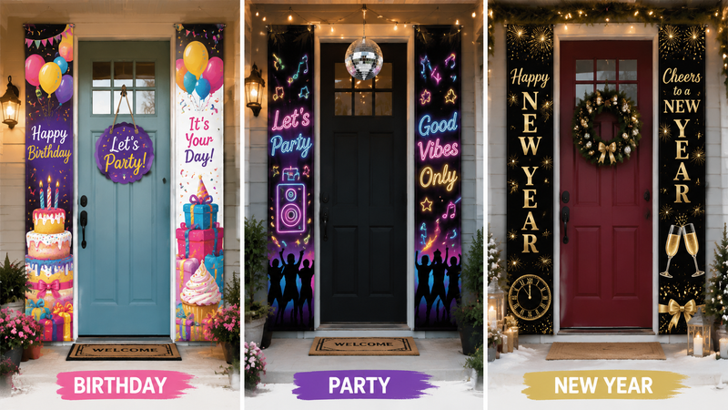 Birthday party and New Year themed decorative door cover banners with colorful festive designs and seasonal background display for event decoration