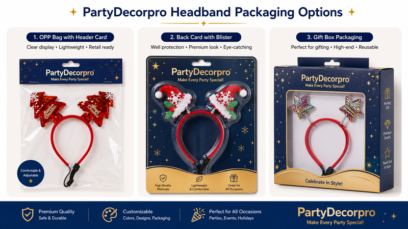 16:9 festive headband packaging display featuring header bag blister card and premium gift box concepts with customizable branding options