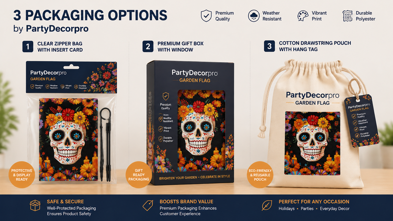 Custom garden flag packaging solutions featuring zipper bags, premium gift boxes, and reusable cotton pouch packaging for retail display.