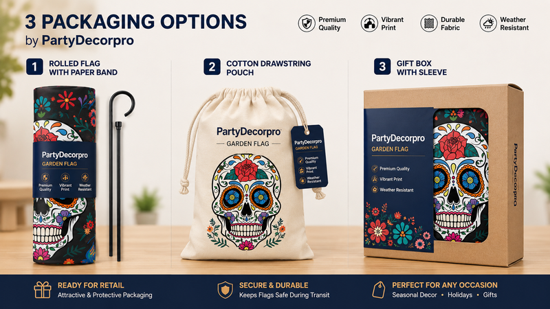 Custom packaging options for seasonal garden flags including rolled paper band, cotton drawstring pouch, and premium window gift box packaging for retail and wholesale display