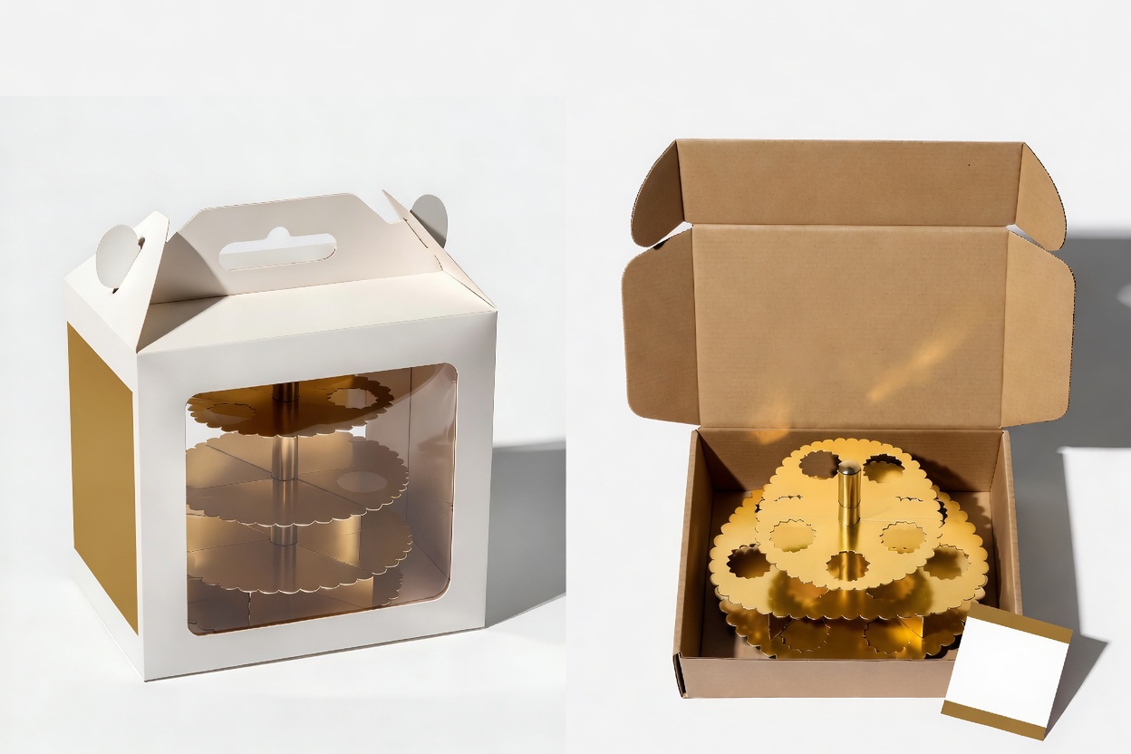 Premium white gift box with window and brown shipping packaging for 3-tier foldable gold cupcake stand, custom packaging solution