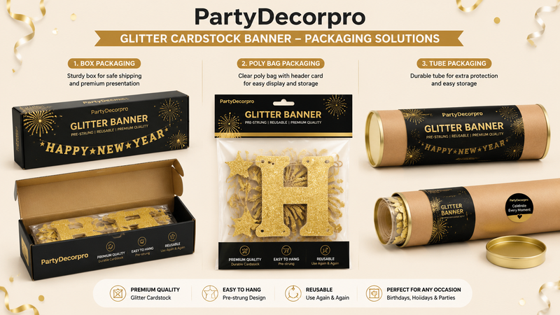 Multiple packaging solutions for glitter cardstock banners including gift box, poly bag, and tube packaging with customizable branding and retail-ready presentation