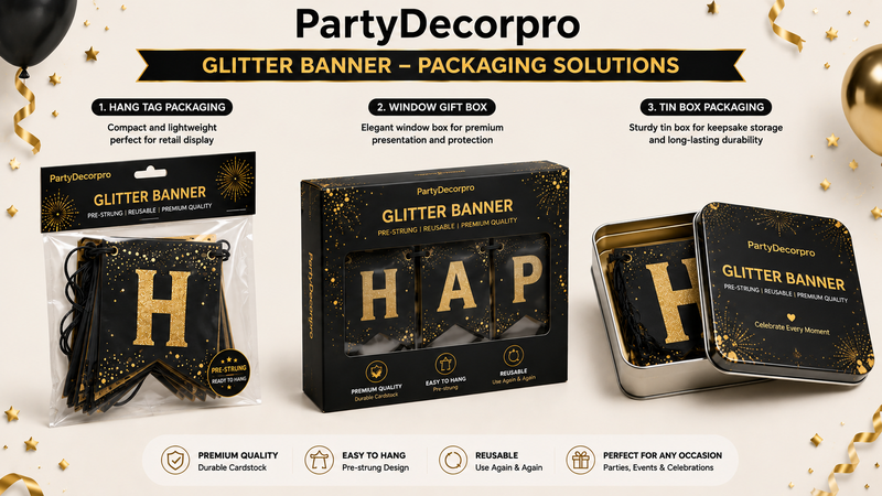 Glitter banner packaging solutions with hang tag bag, window gift box, and aluminum tin packaging for retail display and branded presentation