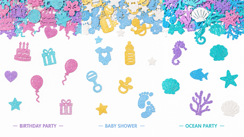 Glitter paper confetti assortment featuring birthday party, baby shower, and ocean-themed die-cut shapes in colorful custom designs displayed in a 16:9 layout