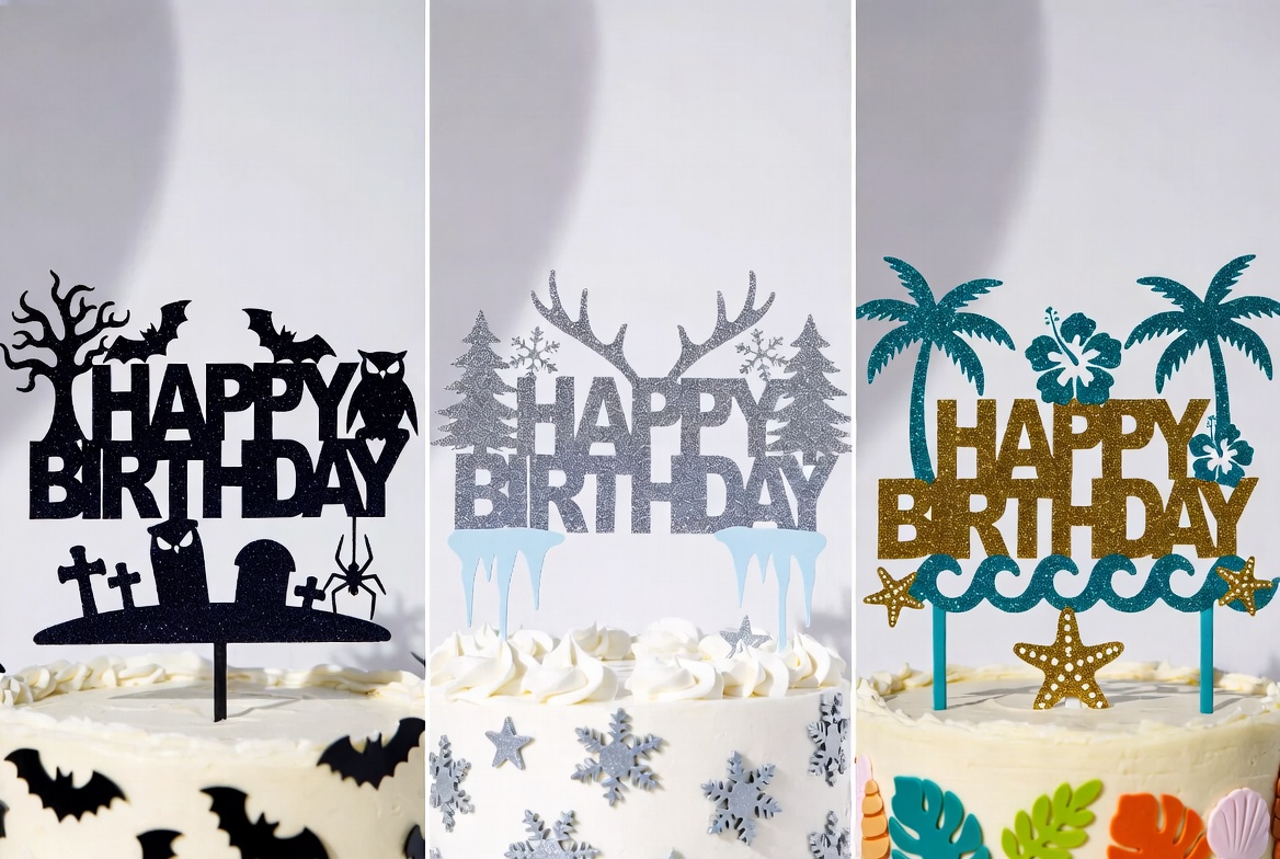 Three themed glitter Happy Birthday cake toppers: Halloween spooky, Christmas winter, and tropical summer styles displayed on decorated cakes in 16:9 product showcase