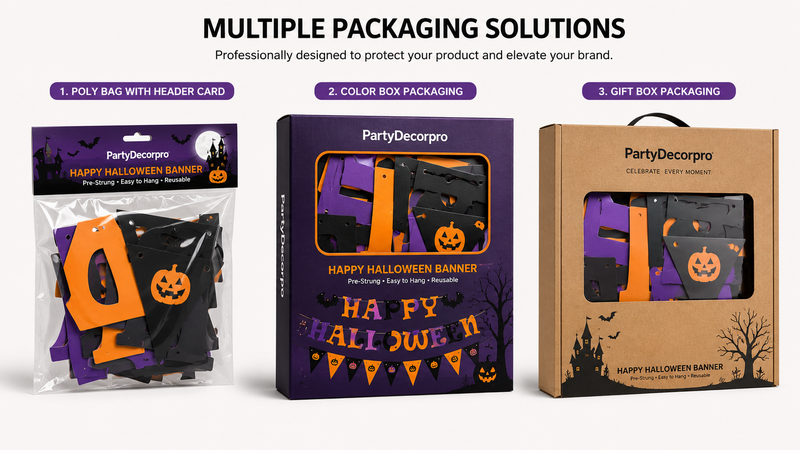 Custom Halloween party banner packaging solutions featuring poly bag, color box, and gift box designs for wholesale retail branding and product presentation