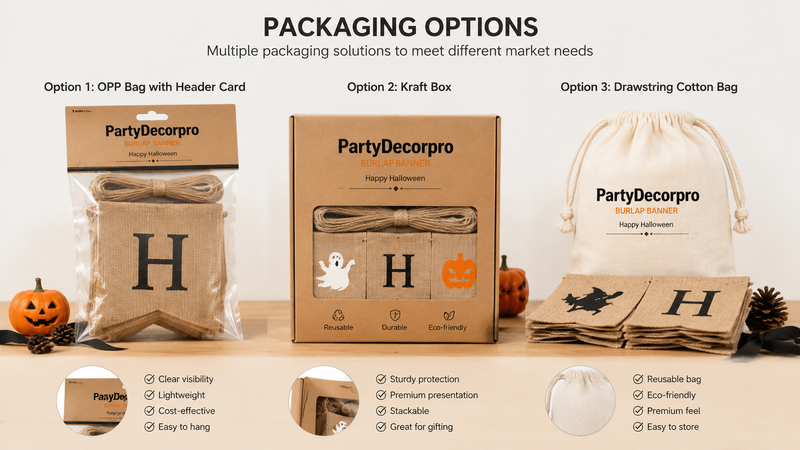 Halloween burlap banner packaging solutions featuring clear header-card bag, kraft gift box, and drawstring pouch with custom branding options for wholesale seasonal decorations