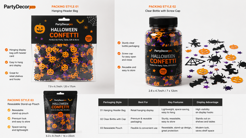 Halloween confetti packaging mockup featuring hanging header bag and clear bottle packaging styles with retail-ready custom branding display concepts