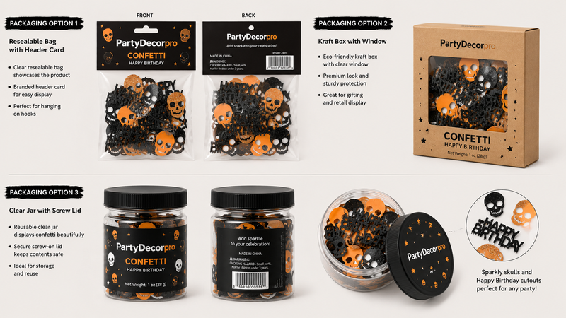 Halloween skull confetti packaging mockup featuring resealable bags, kraft window boxes, and clear jars with custom branding solutions for wholesale party supplies