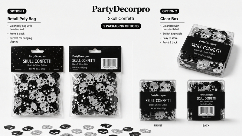 Halloween skull confetti packaging mockup featuring clear retail poly bag and transparent box packaging with customizable branding solutions for wholesale party supplies