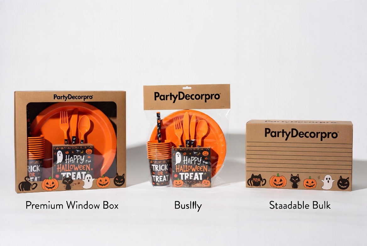 Halloween party tableware set in multiple custom packaging options: premium box, shrink wrap bundle and eco kraft display