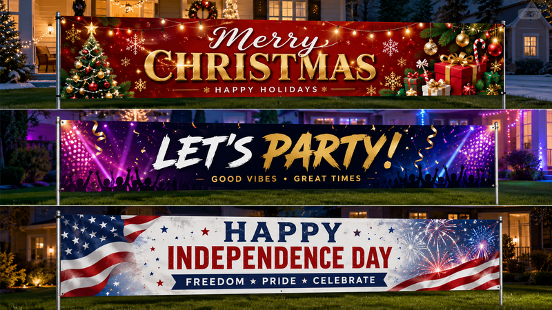 Multiple packaging solutions for Happy New Year banners featuring poly bag, retail box, and mailer packaging with customizable branding options.