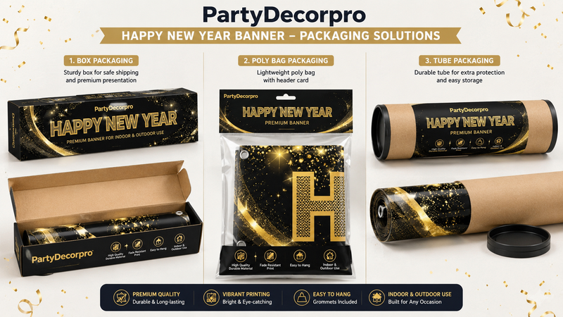 Multiple custom packaging solutions for Happy New Year outdoor banner including box packaging, poly bag packaging, and tube packaging with premium branding and retail-ready presentation