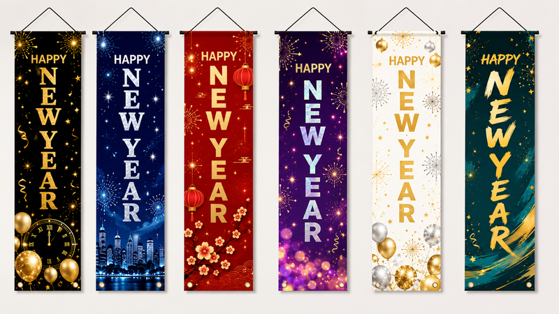 Colorful Happy New Year porch banner collection featuring multiple festive themes with fireworks, balloons, metallic accents, and decorative holiday designs for seasonal decoration.