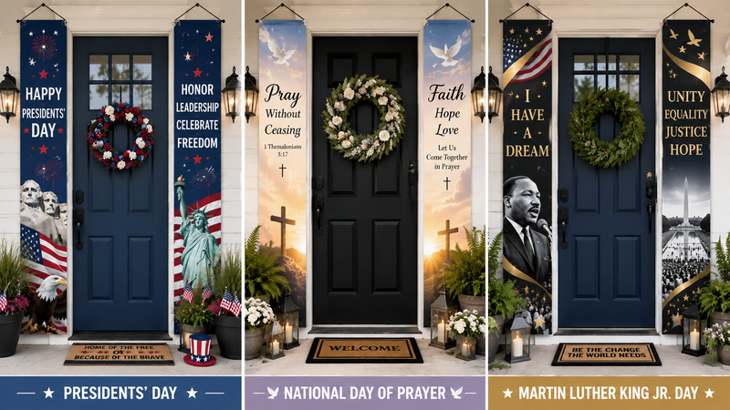 Presidents Day National Day of Prayer and Martin Luther King Jr Day themed vertical door banner design collection with immersive holiday backgrounds and decorative entrance displays