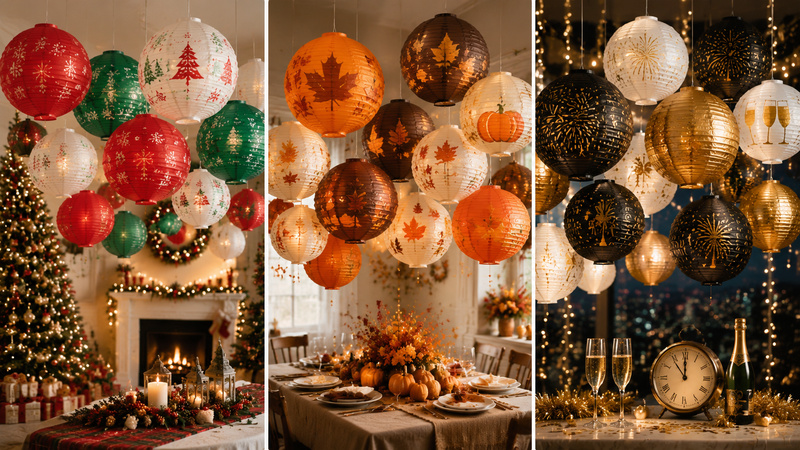 Holiday paper lantern sets featuring Christmas, Thanksgiving, and New Year designs in festive indoor scenes.