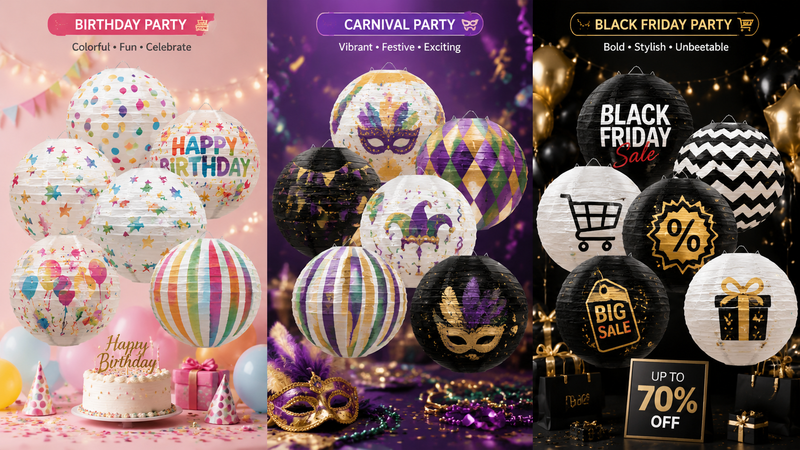 Holiday party paper lantern sets featuring Birthday, Carnival, and Black Friday themes with colorful prints and festive decor.