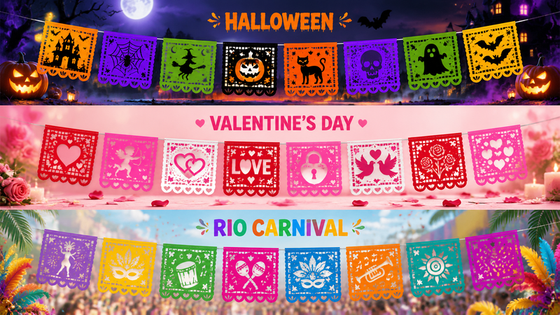 Custom plastic papel picado style banners featuring Halloween, Valentine’s Day and Rio Carnival themes with colorful die-cut designs for party and event decorations.