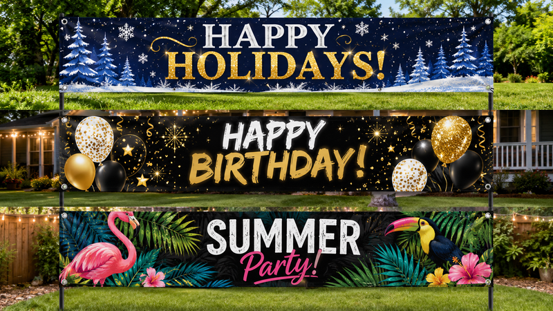 Three themed outdoor party banners featuring Christmas holiday, birthday celebration, and tropical summer party designs displayed in festive background settings